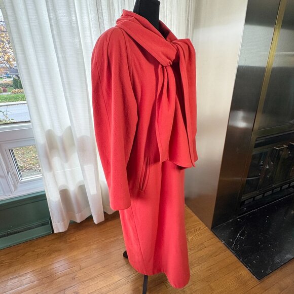 Vintage 80s coat, red, wool, nylon, cachemire, attached scarf, size 16/18 (L/XL) - Picture 2 of 16